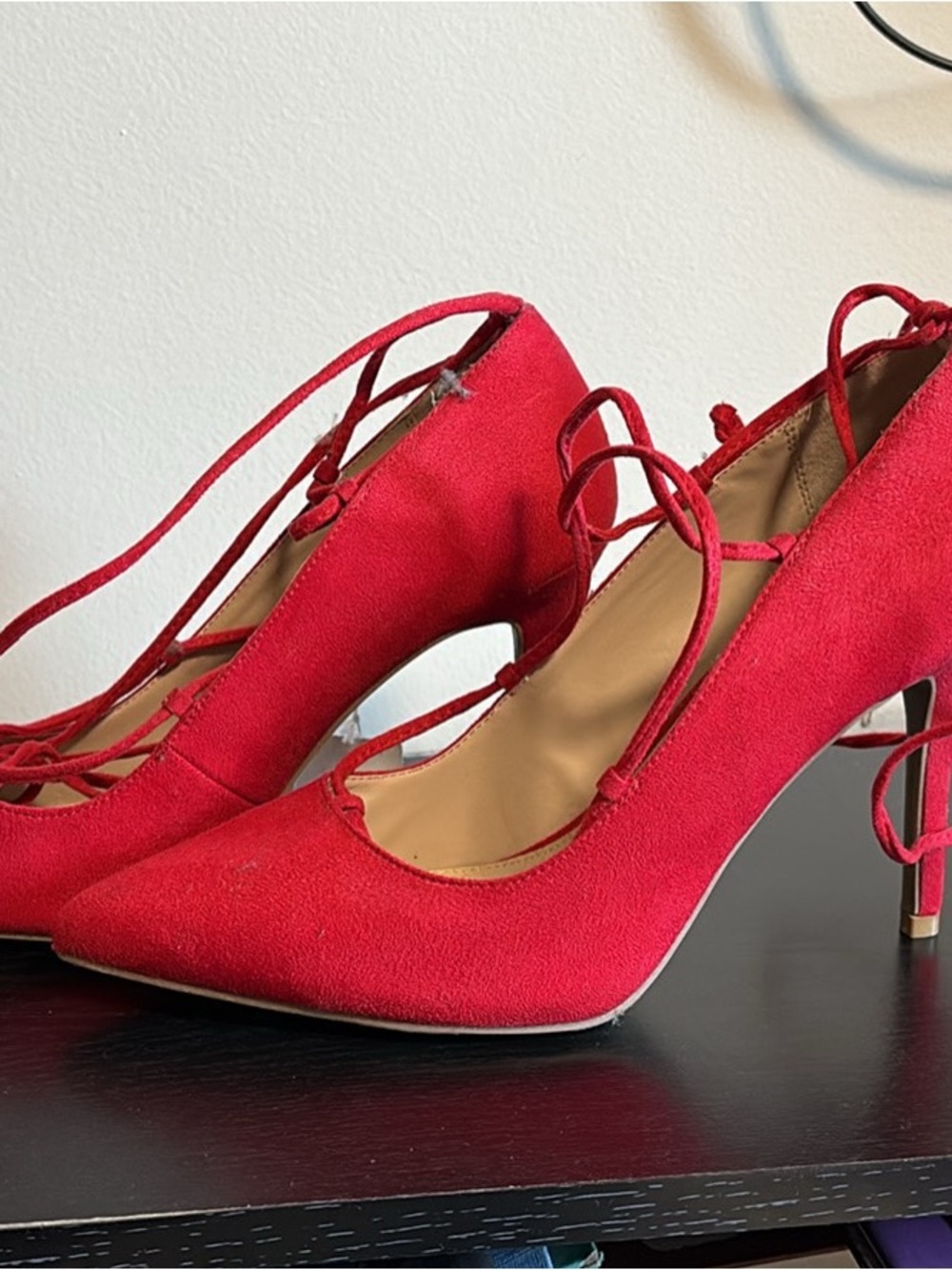 Brash Red Suede Lace-Up Pointed Toe Heels